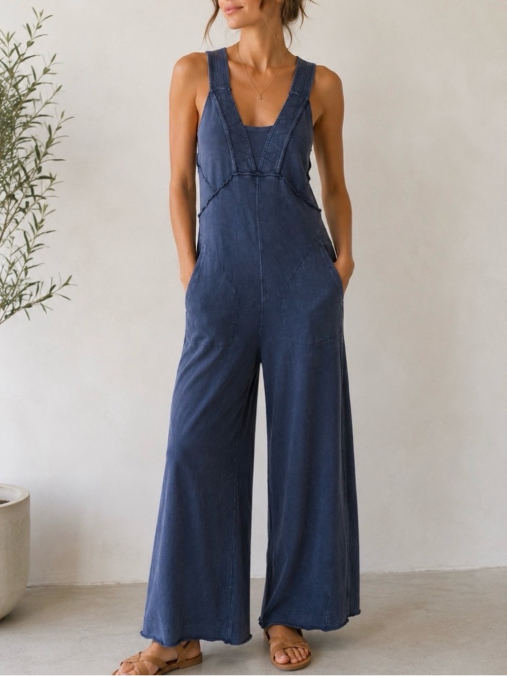 Anthropologie Daily Practice Palmra Jumpsuit Large Blue Wide Leg Mineral Wash